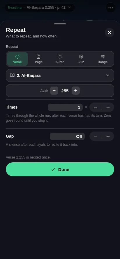 The repeat sheet: verse, page, surah, juz or range, with the number of times and a gap.