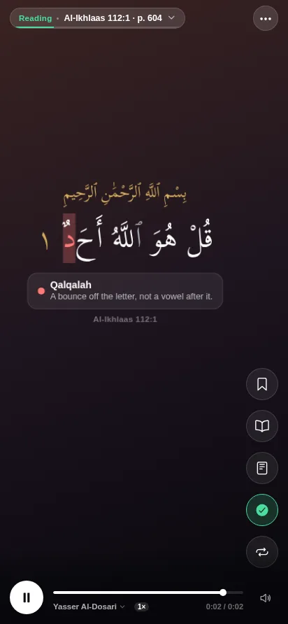 An ayah with its letters coloured by tajweed rule — red for a qalqalah, green for an idgham, blue for a madd.