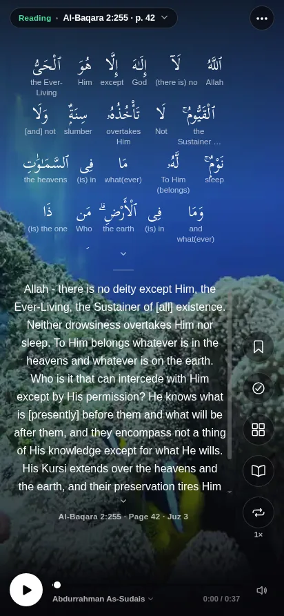 An ayah with the meaning of each word printed underneath it, and the word being recited lit in green.